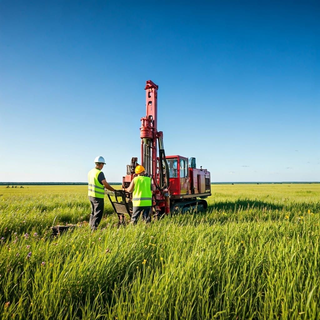 Geologists Drilling in Emerald Meadow: Landscape Painting