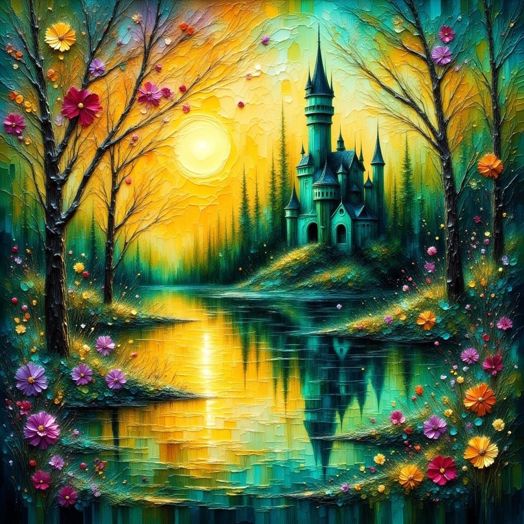 Fairytale Castle Reflected in Lake: Impasto Oil Painting
