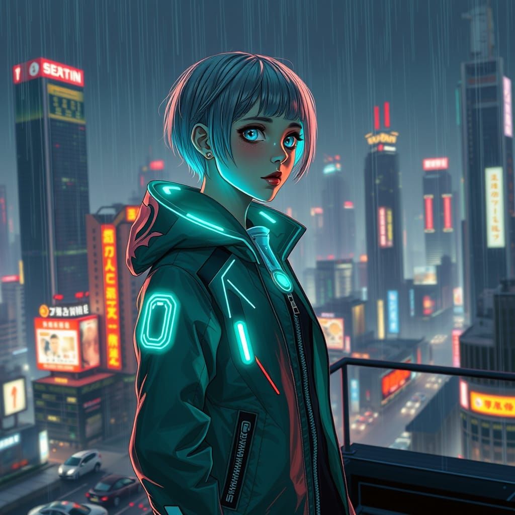 Cyberpunk Girl on Neon Rooftop at Night