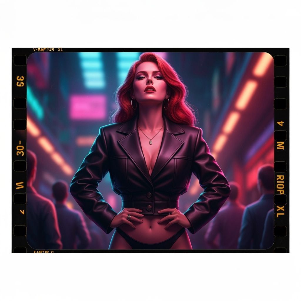 Confident Redhead in Nightlife Scene, Hyperrealistic