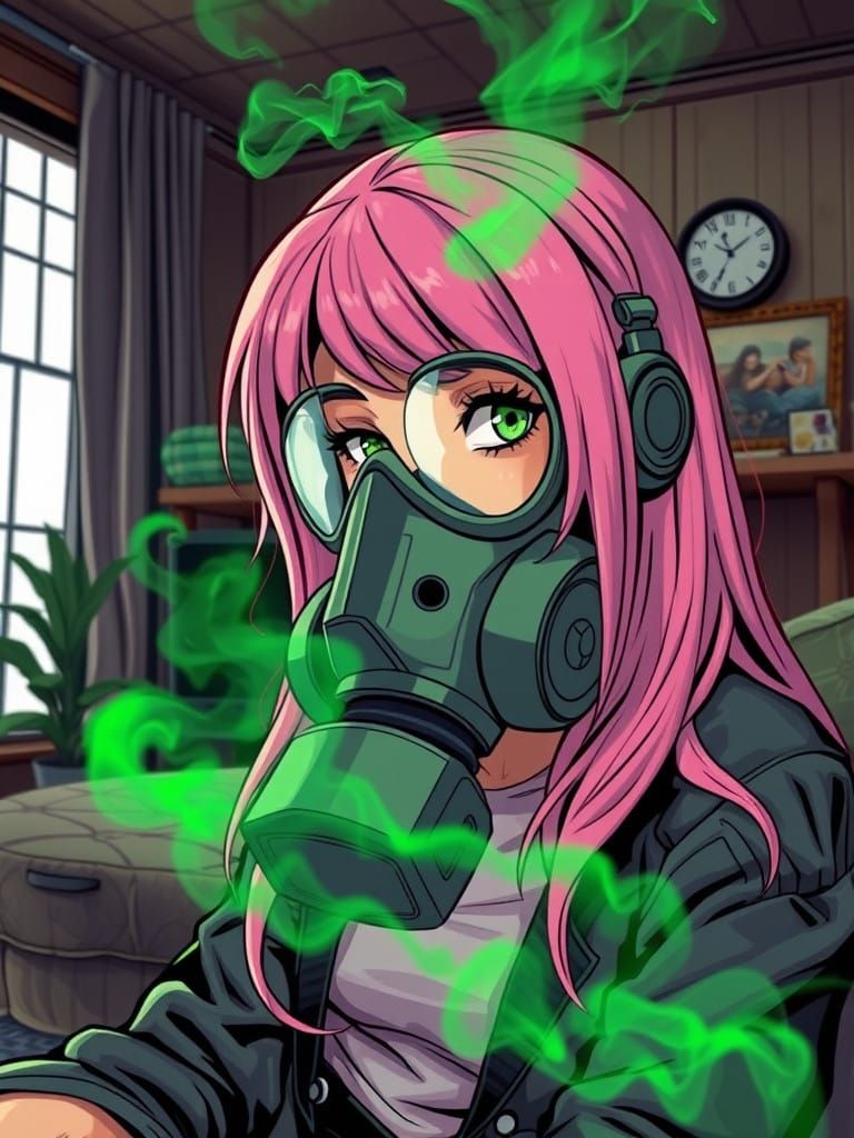 Surreal Woman in Gas Mask Surrounded by Green Smoke in a Liv...