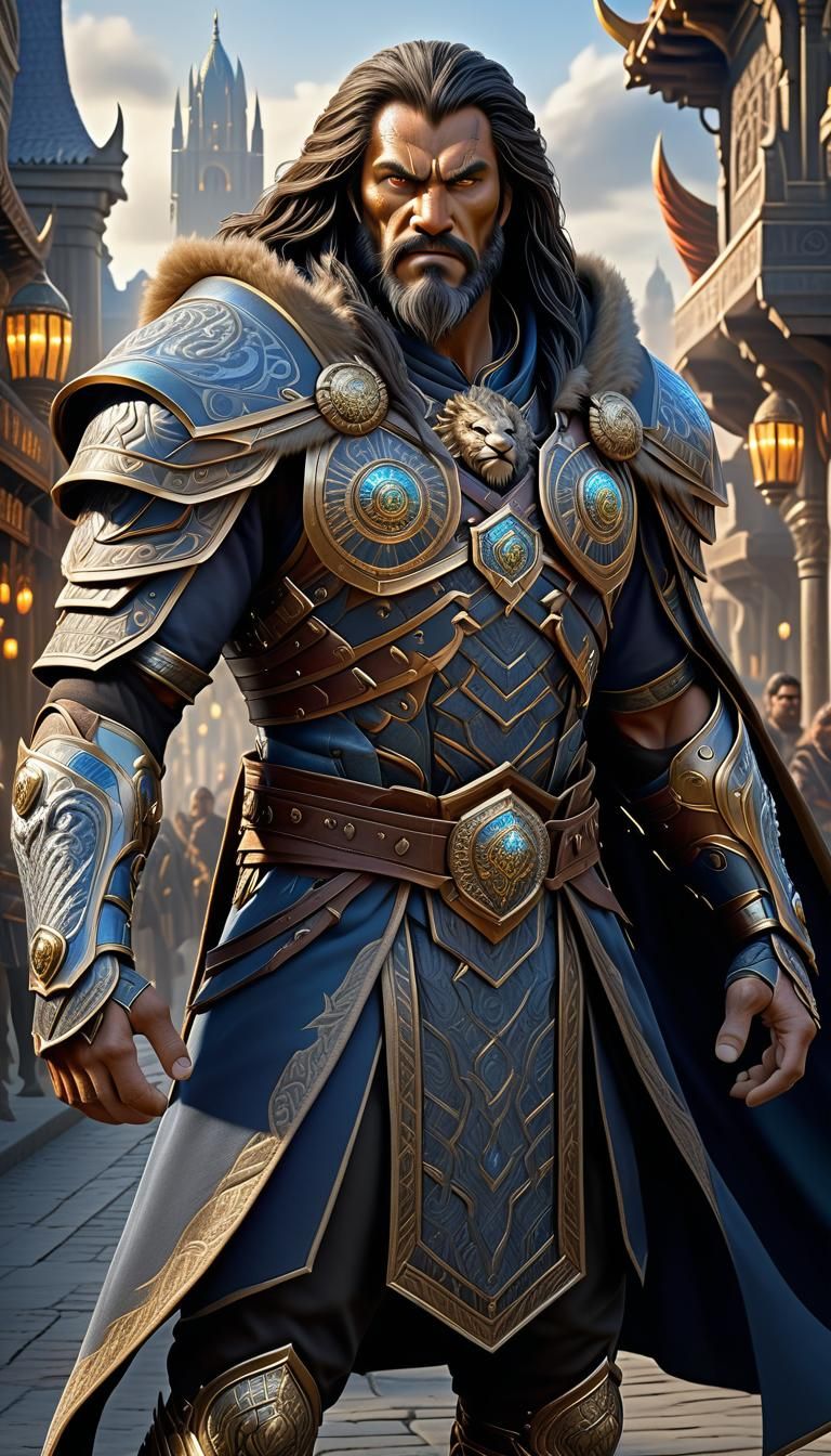 Hyperrealistic Warrior in Warcraft Style with Lion Armor
