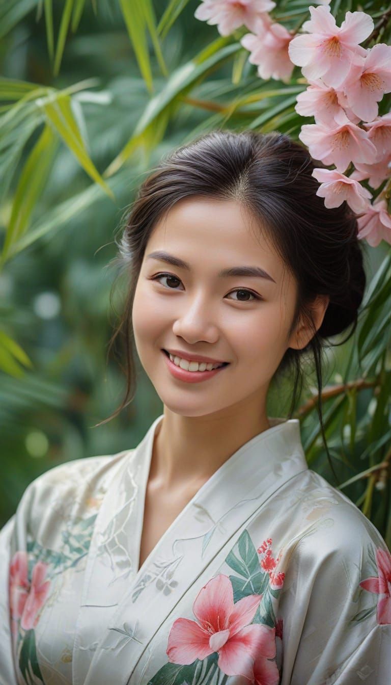 Asian Woman Smiles in a Tropical Garden, in the Style of Cla...