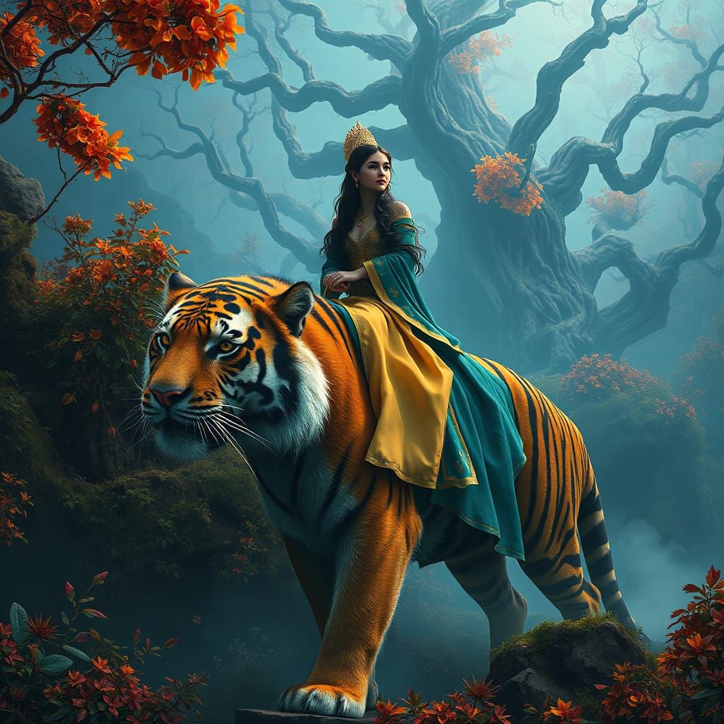 Serene Maiden on a Majestic Tiger in Dreamlike Landscape