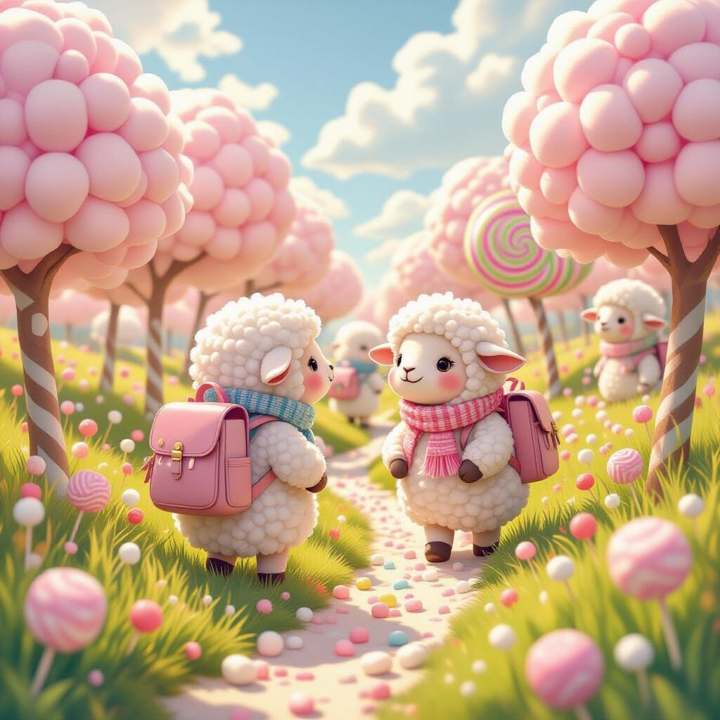 Whimsical Sheep Adventure in a Candy Dreamscape