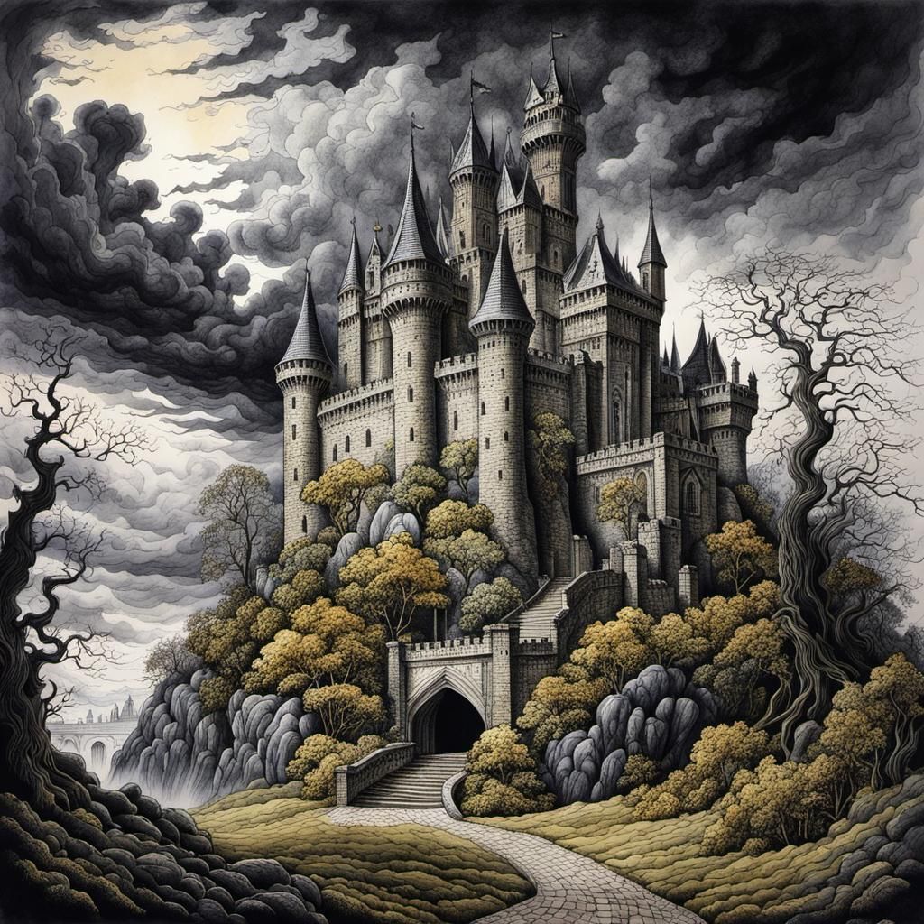 Eerie Stone Castle Under Stormy Sky, Ink Drawing