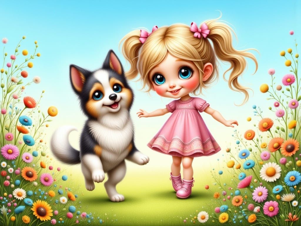 Girl and Dog Play in Whimsical Meadow