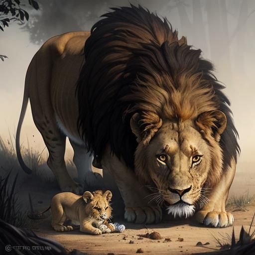 Lioness Feeding Cub in Sinister Fantasy Art