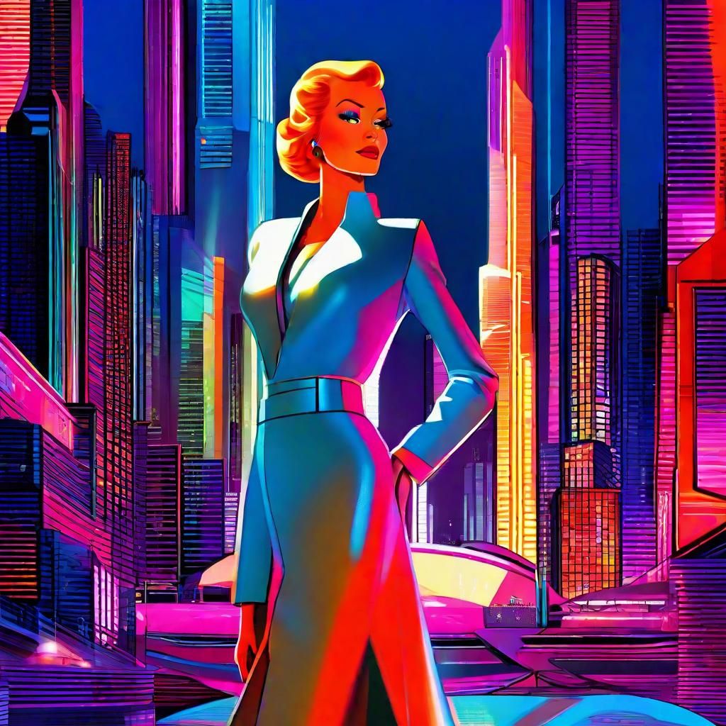 Confident Jane Jetson in a Neon-Lit Retro-Futuristic Metropo...