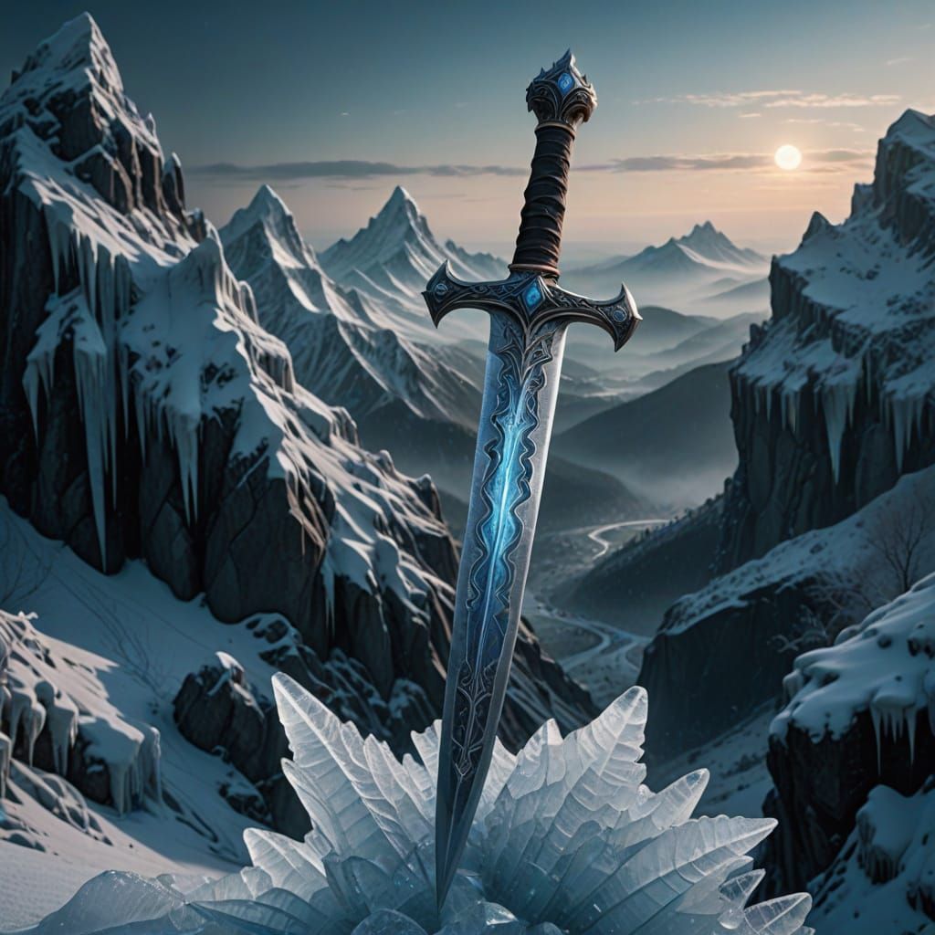 Mystical Ice Sword on a Winter Mountain Peak