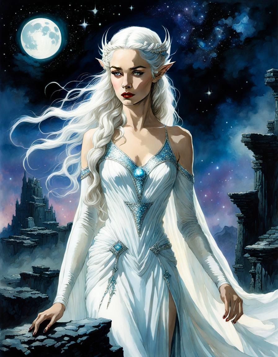 Elegant Elven Woman in Apocalyptic Ruins with Starlight