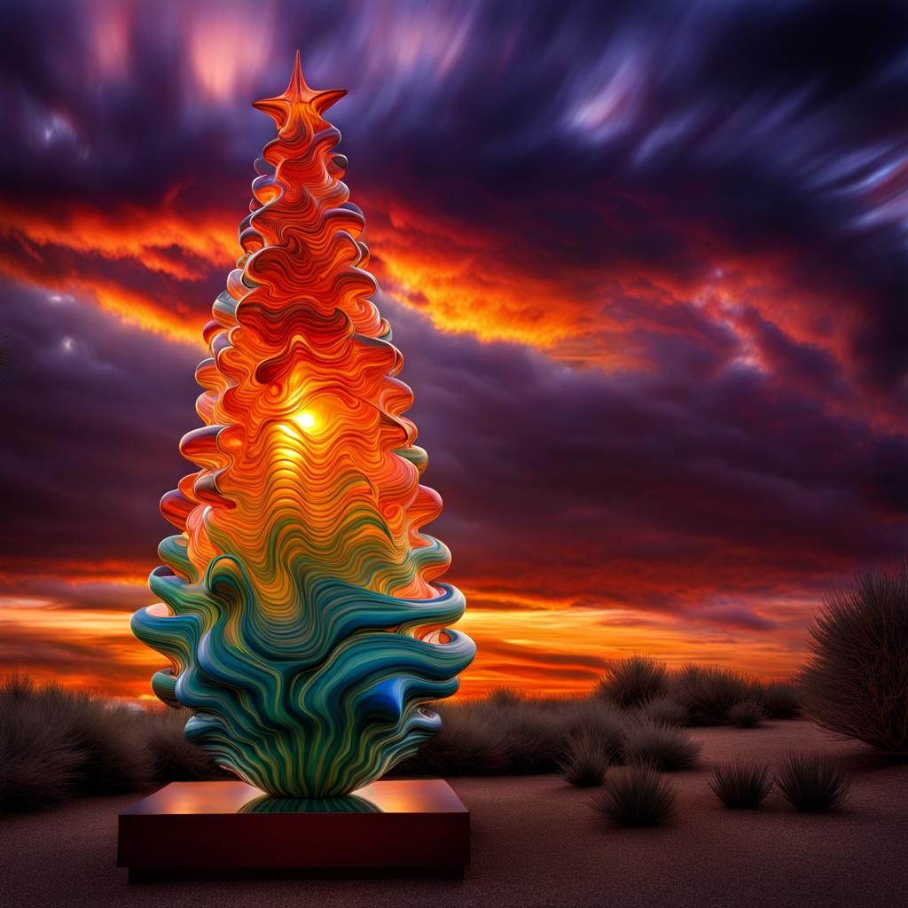 Chihuly Glass Christmas Tree Sculpture at Sunset