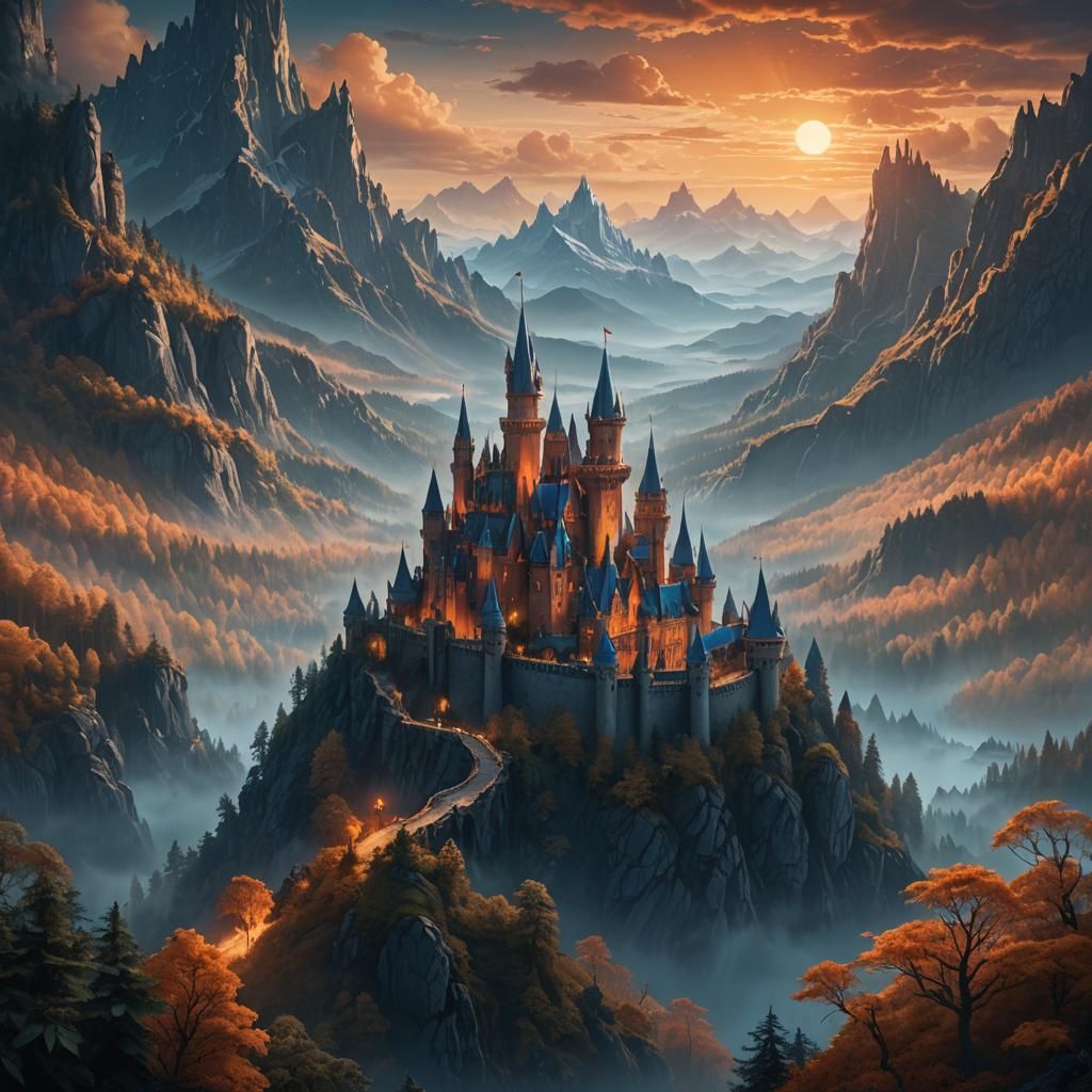 Glowing Castle in Mystical Fantasy Landscape