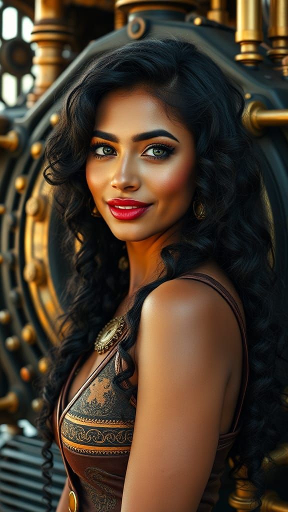 Steampunk Indian Woman Portrait with Engine