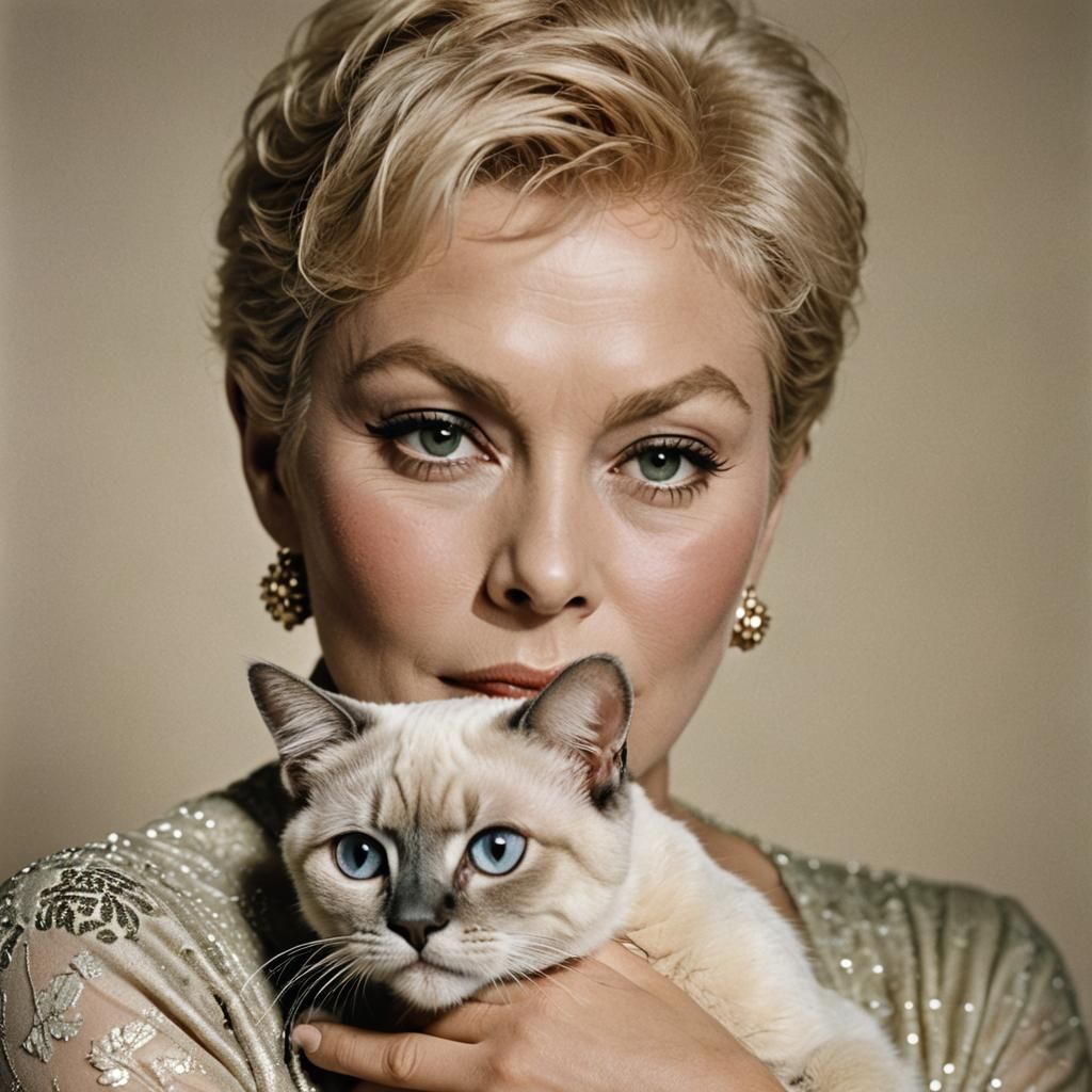 Kim Novak and Siamese Cat: Classic Hollywood Portrait