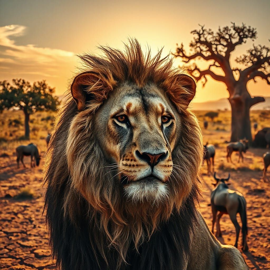 Majestic Lion Portrait on African Savanna in Hyperrealism
