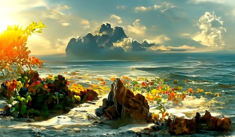 Vibrant Sunrise Seascape with Tropical Forest