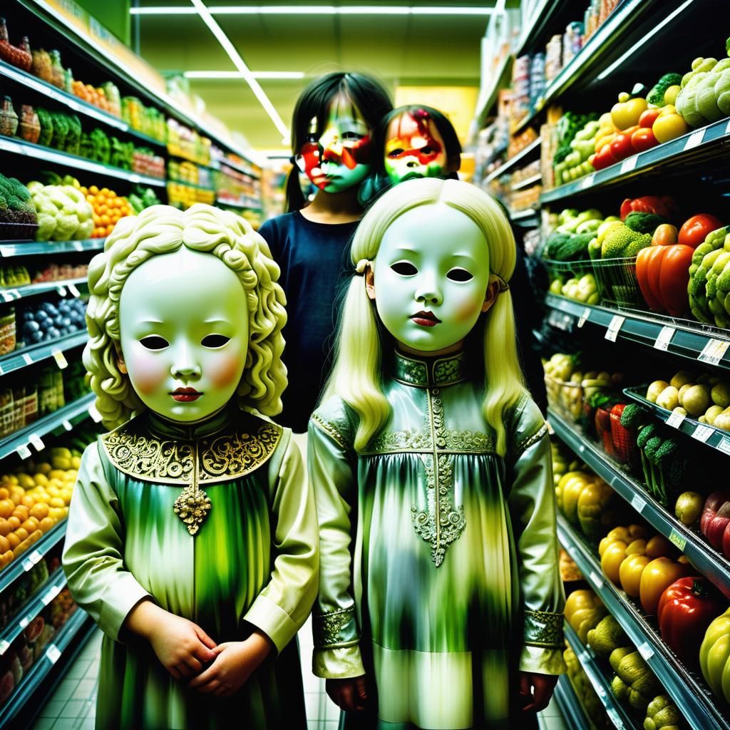 Sinister Children in Supermarket with Botero Masks