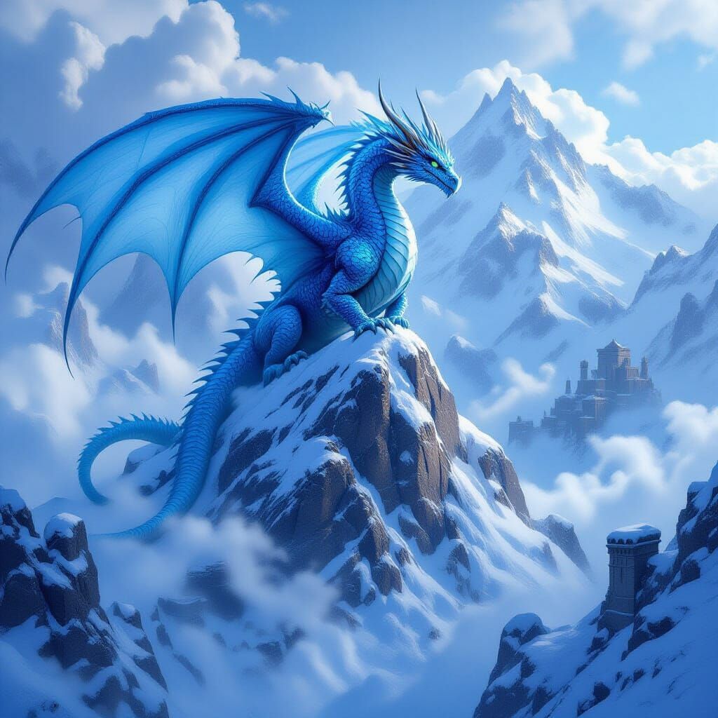 Majestic Dragon Overlooks Frozen Valley in Epic Fantasy Art