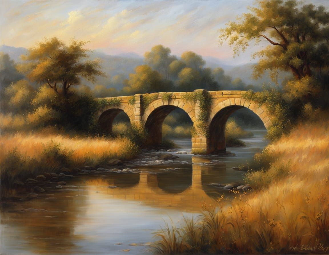 Ancient Stone Bridge in Romantic Landscape