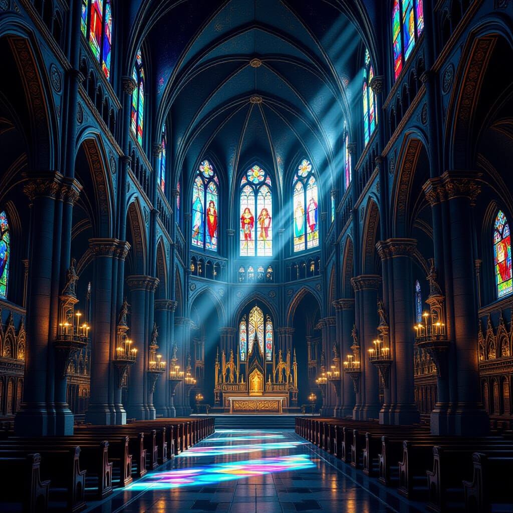 Ethereal Cathedral Interior with Mythical Stained Glass