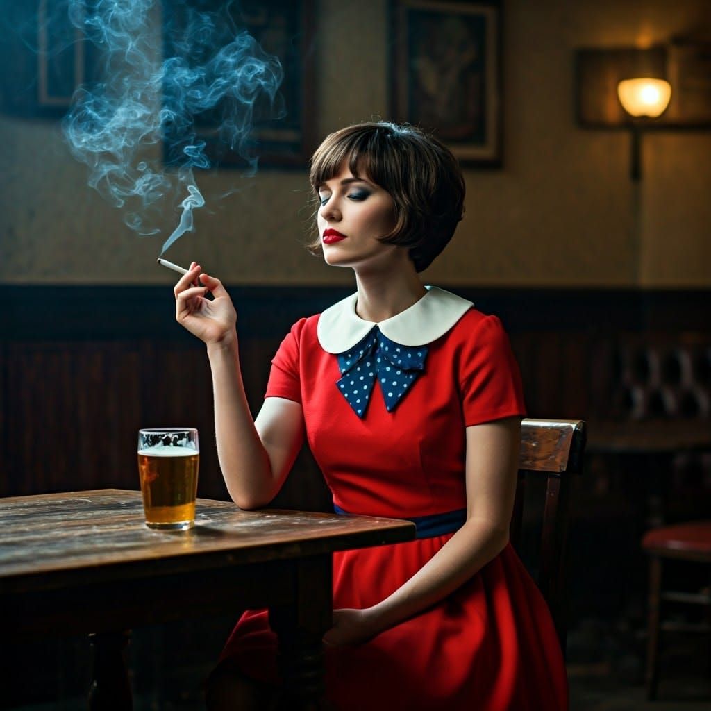 Smoky Pub Scene with Woman in Red Dress