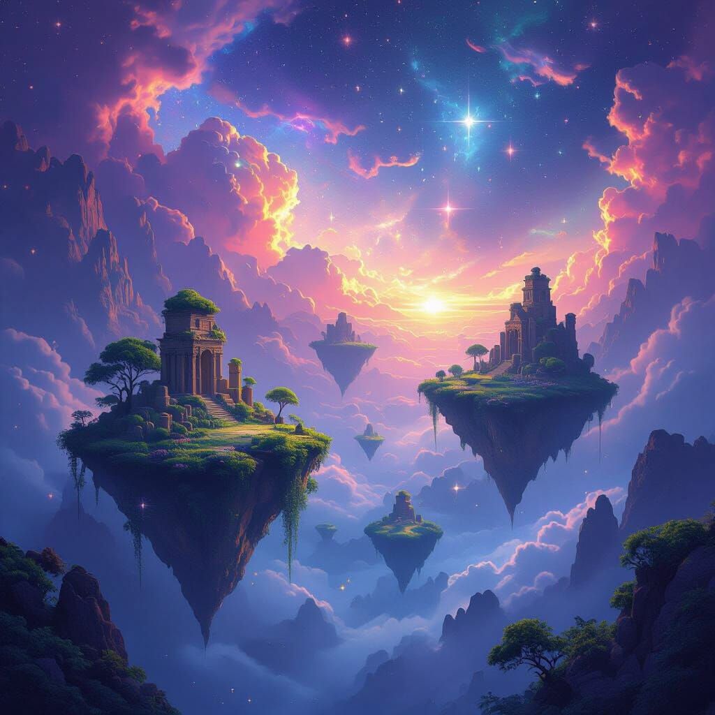 Serene Floating Islands in Nebula Digital Matte Painting