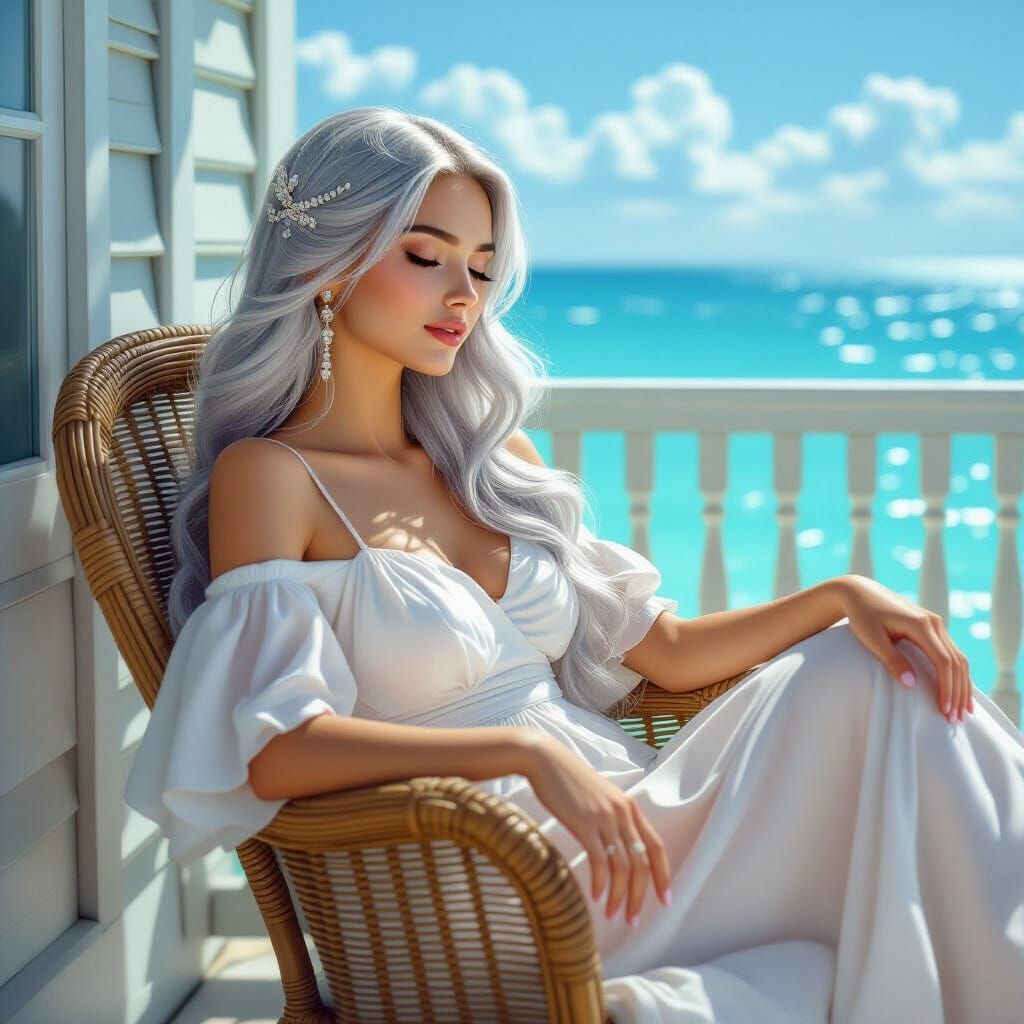 Woman with Silver Hair on Veranda, Splash Art