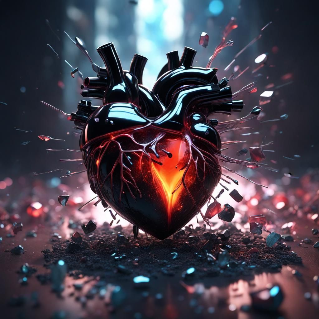 Exploded Black Glass Heart in Detailed Matte Painting