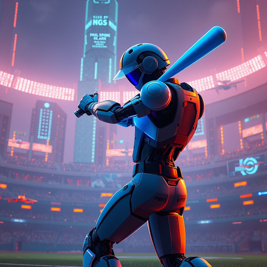 Futuristic Robot Baseball Player in Neon Cityscape