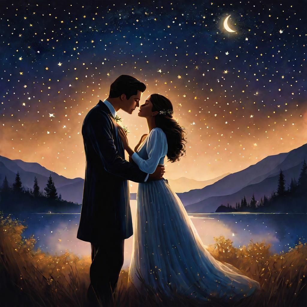 Couple Embrace Under Starry Sky: Digital Illustration
