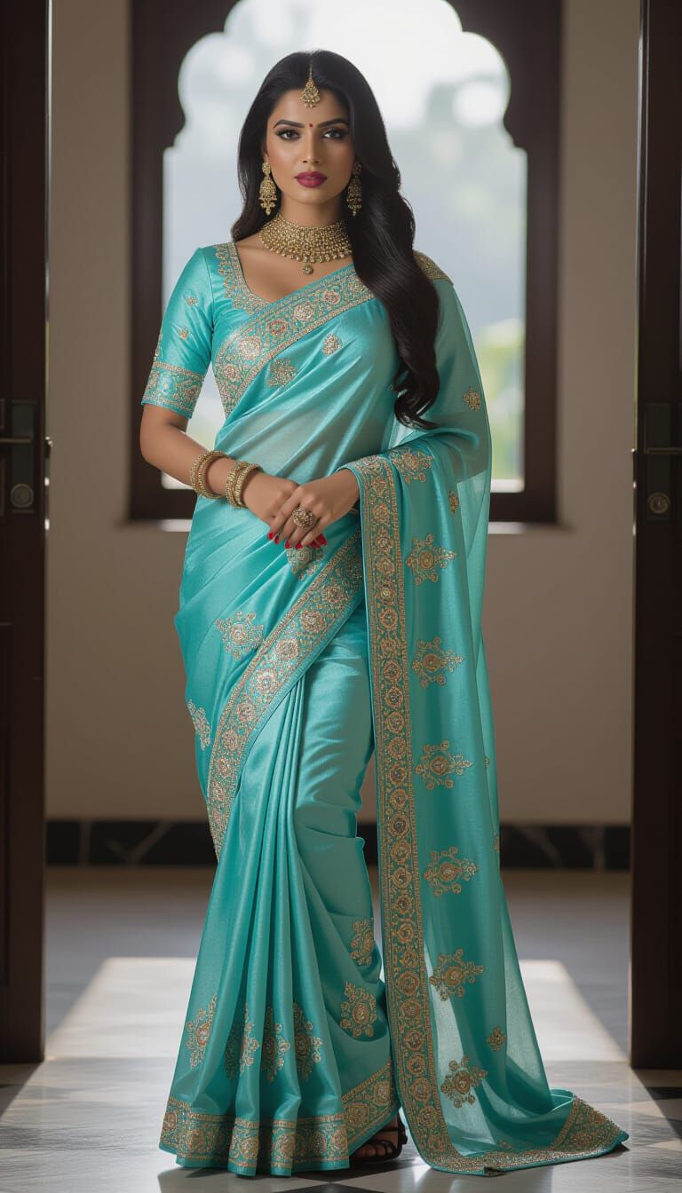 Indian Woman in Intricate Saree: Photorealistic Film Still