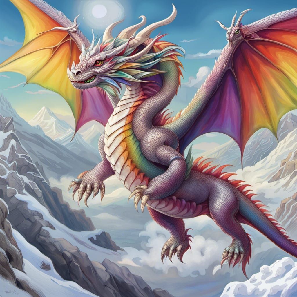 Psychedelic Rainbow Dragon in Flight Over Snowy Mountains