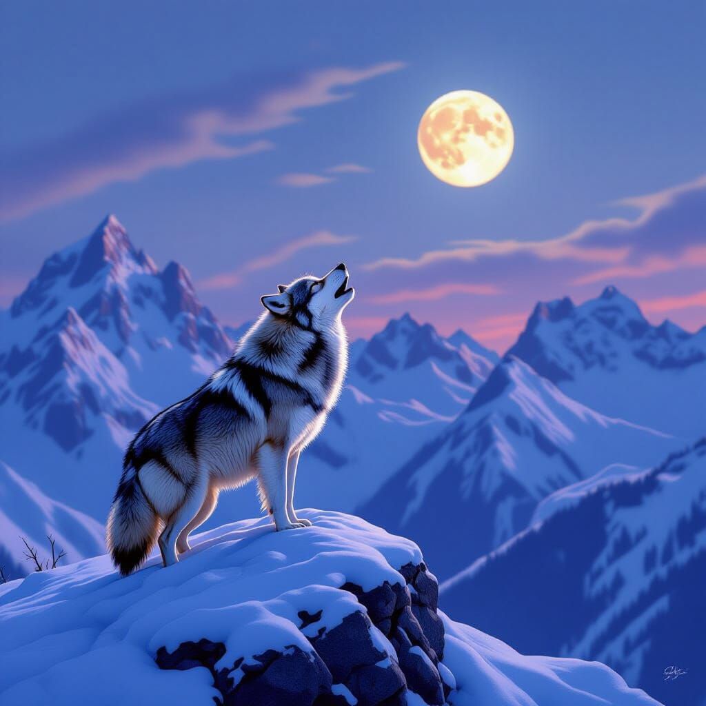 Lone Wolf Howling at Moon, Hyperrealistic Wildlife Art