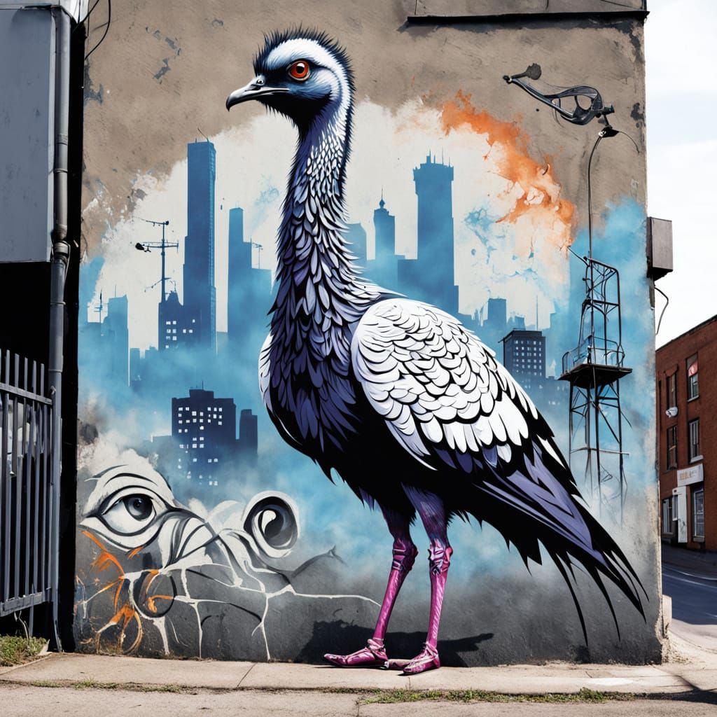 Ostrich-Pigeon Street Art on Grimy City Wall