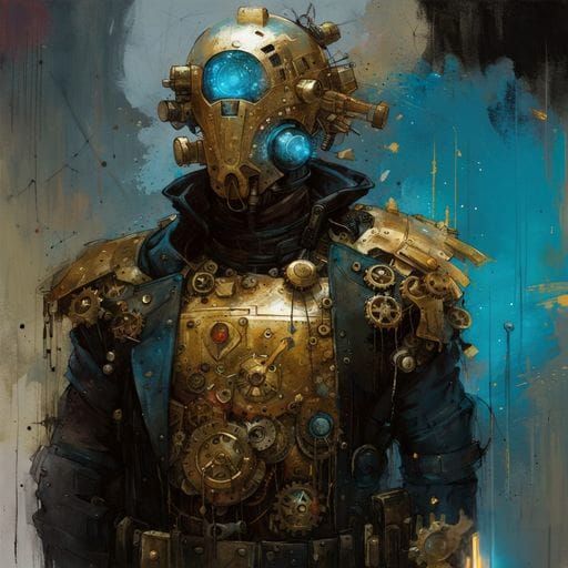 Clockwork Policeman Portrait in Cyberpunk Cityscape