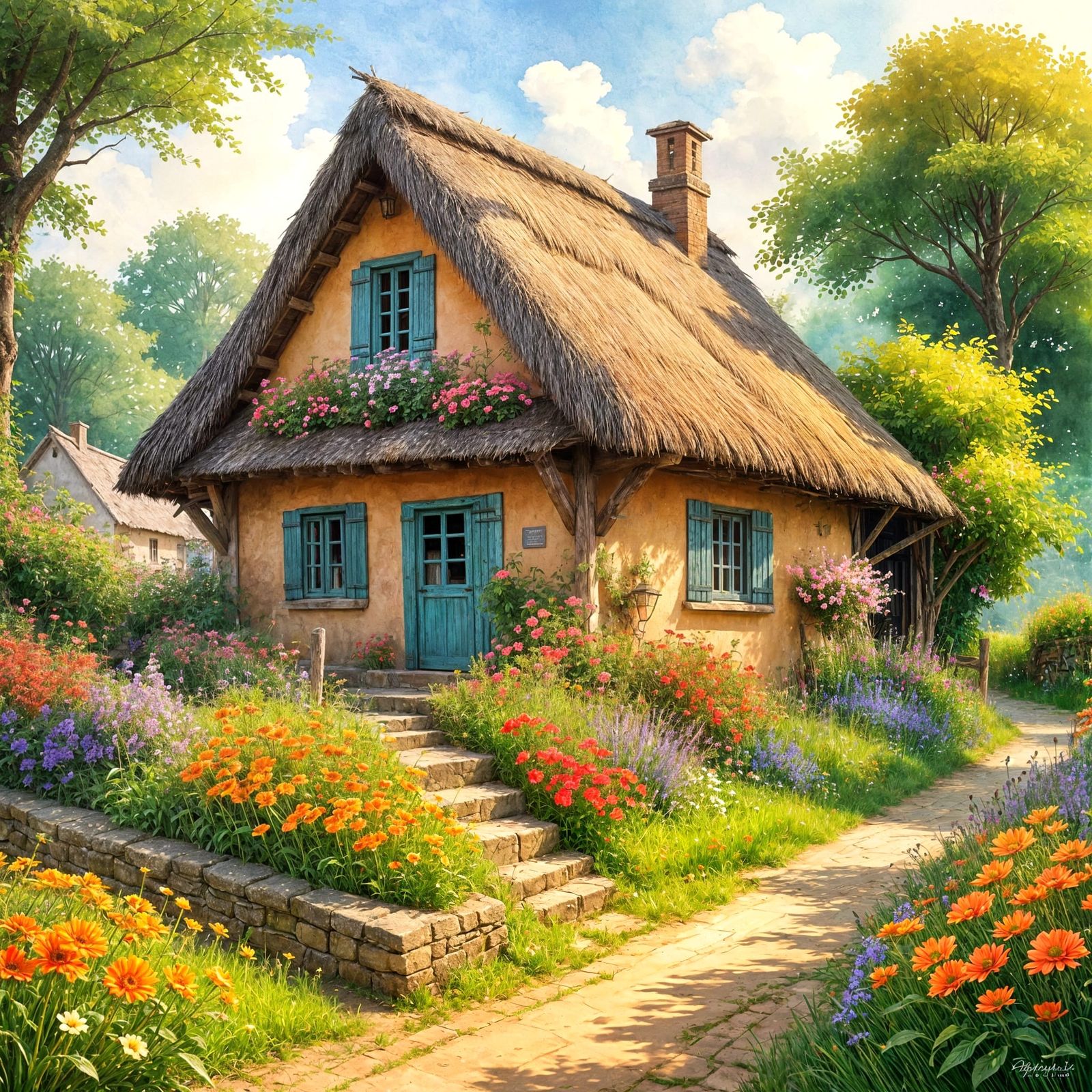 Charming Thatched Hut in Watercolor Style