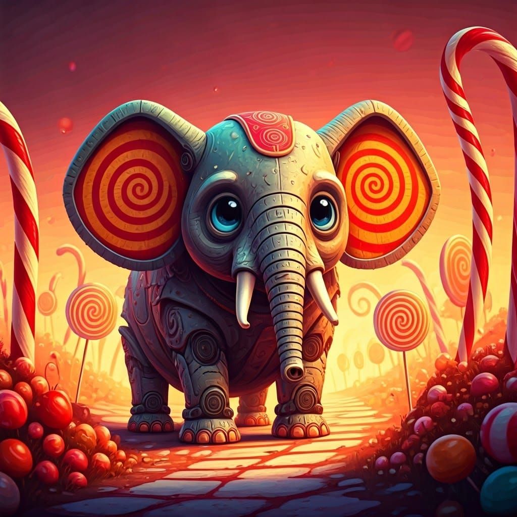 Sweet, Oversized-Eyed Elephant Robot in Whimsical Candyland....