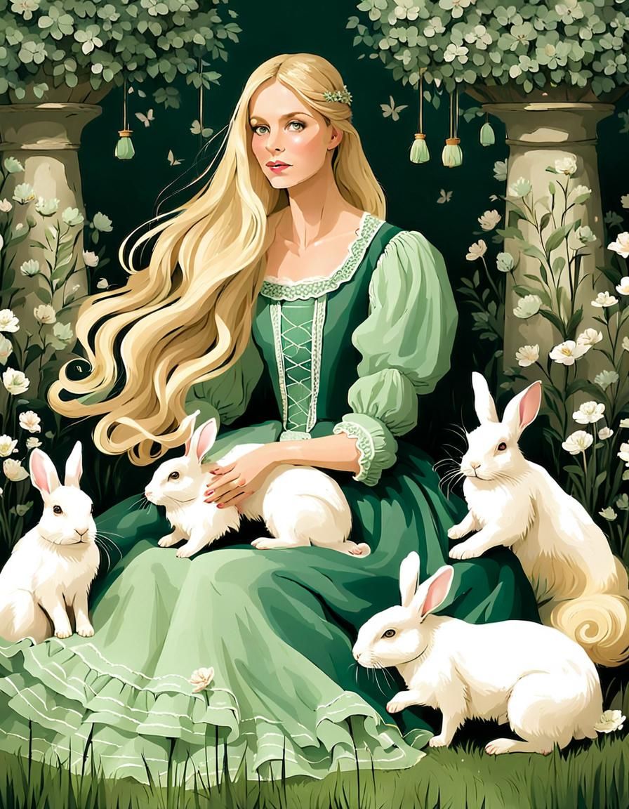 Woman with Rabbits in Whimsical Garden