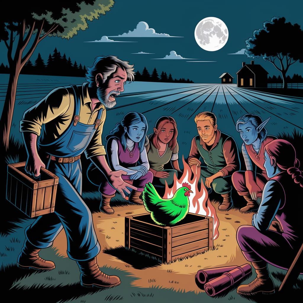 Moonlit Farm Encounter with Neon Green Chicken