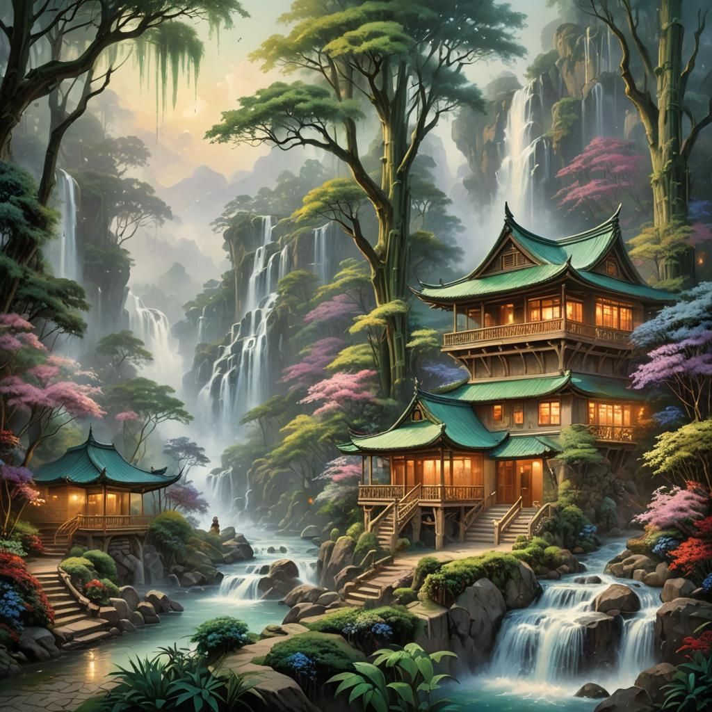Intricate Bamboo House by Waterfalls in Ethereal Mist