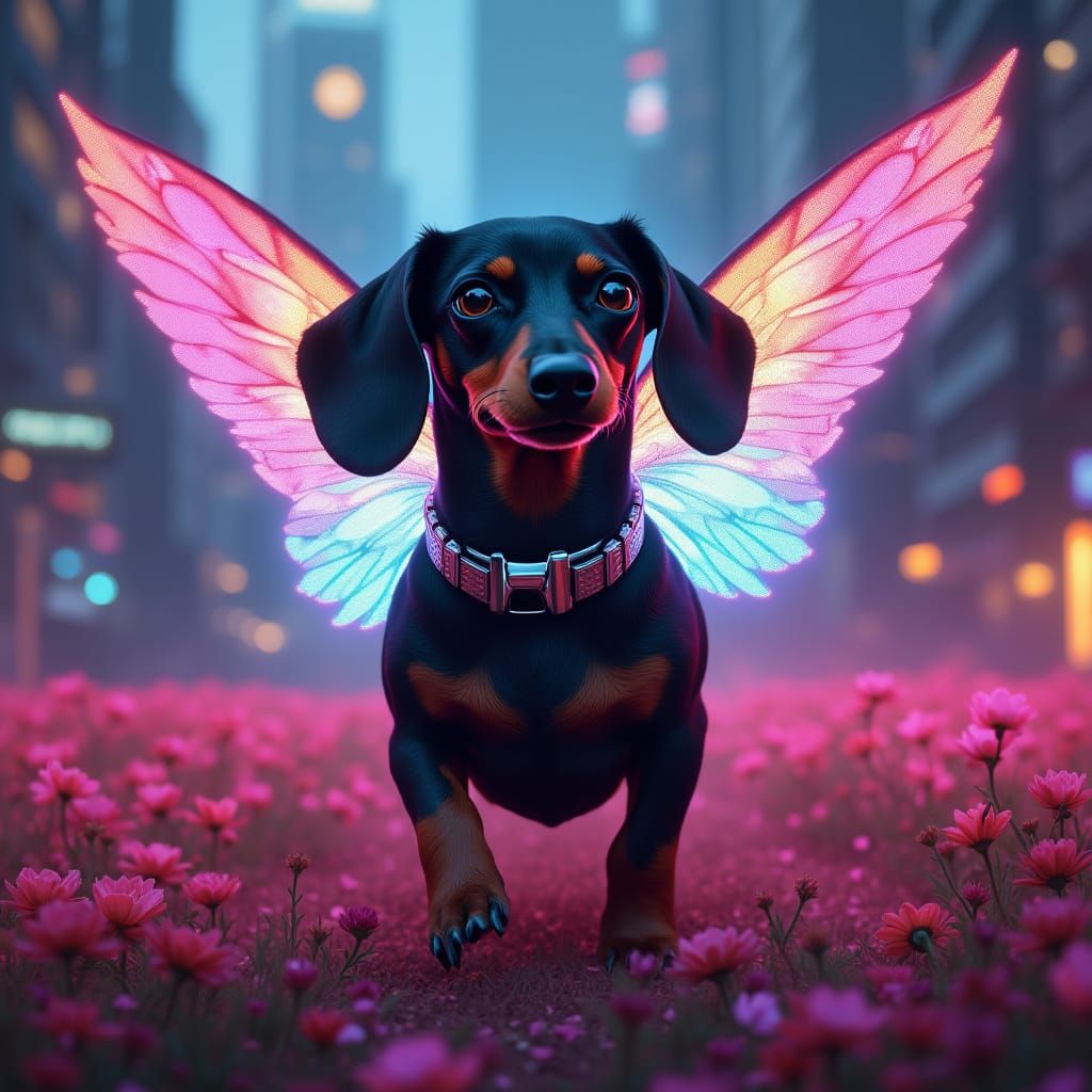 Black Dachshund with Iridescent Wings Soars Over Neon Flower...