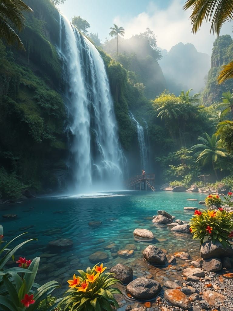 Hyper-Realistic Waterfall Scene in Tropical Paradise