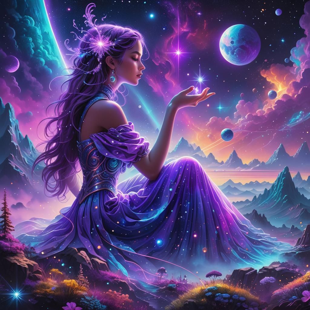 Neon Space Astral Illustration in Mixed Media