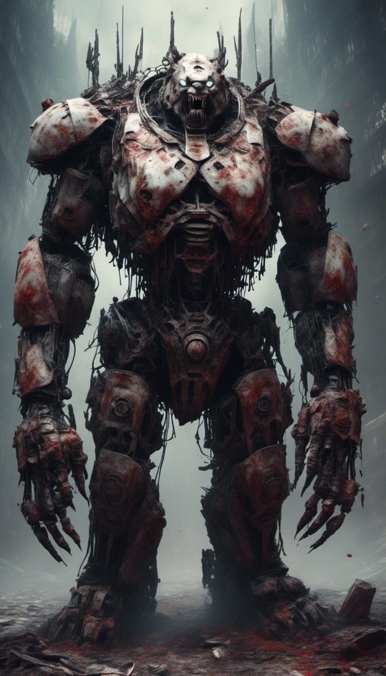 Creepy Zombie Bear Robot Portrait in Horrorcore Style