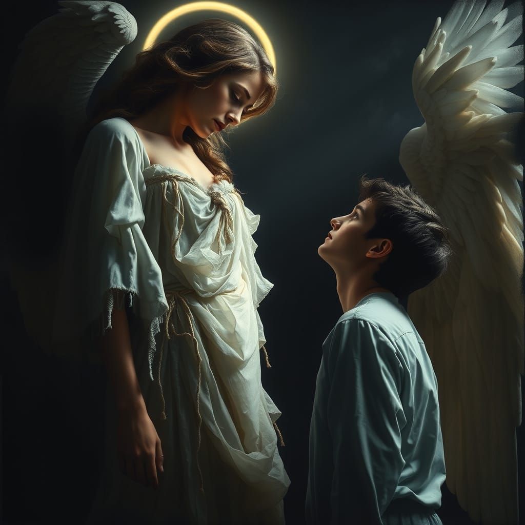 Fallen Angel and Man Share Sorrow in Neo-Classical Style
