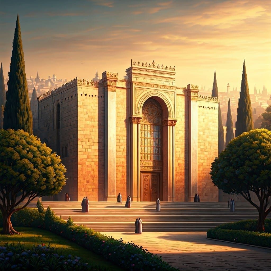 Temple in Jerusalem at Sunset with Vibrant Stained Glass
