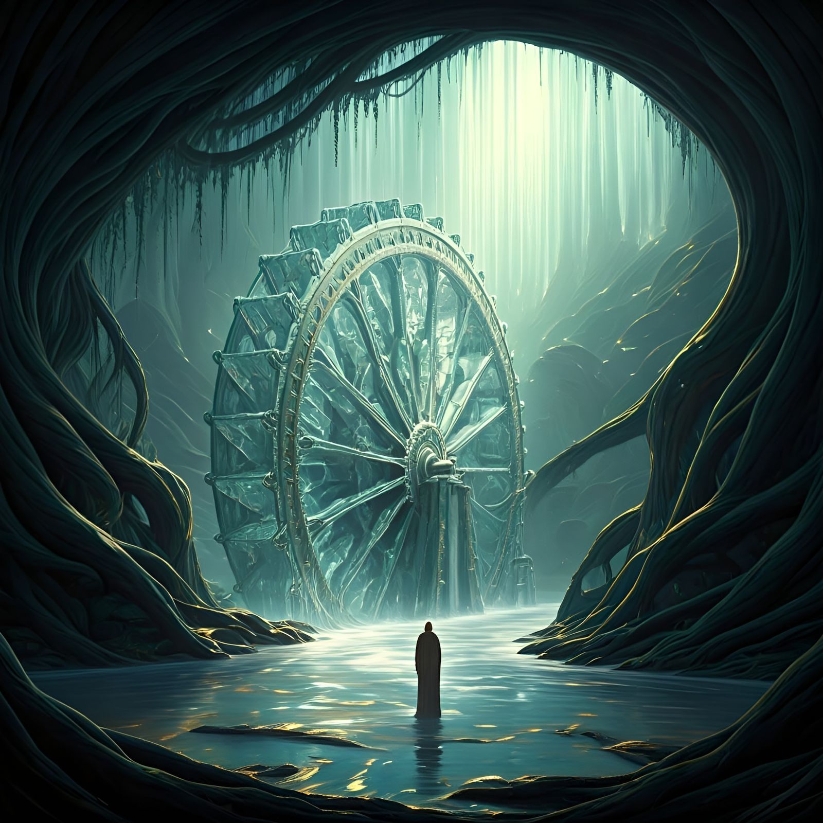 Mystical Crystal Waterwheel in a River of Liquid Time