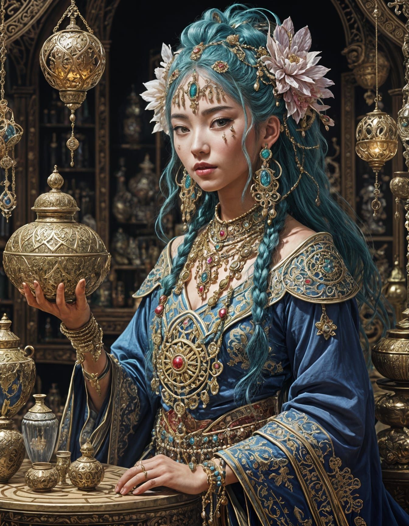 Mysterious Enchantress Brewing Magic in Anime Style