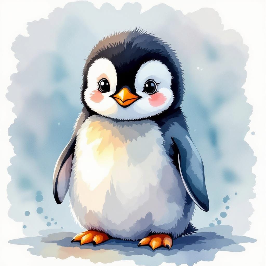 Cute Baby Penguin Watercolor Painting